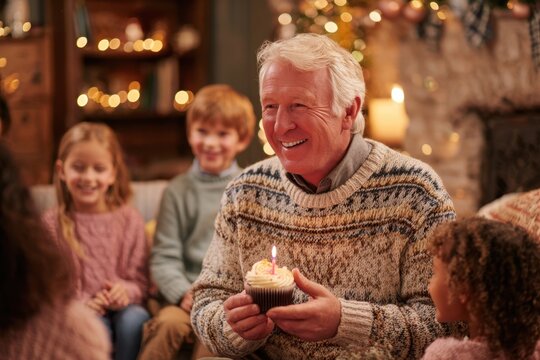 Joyful grandfather celebrating a birthday with family