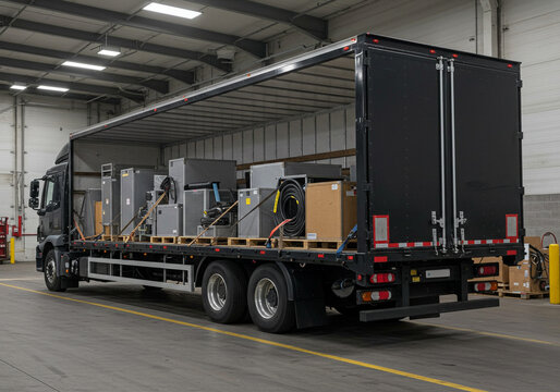 A flatbed truck carrying various appliances and equipment inside a warehouse environment area
