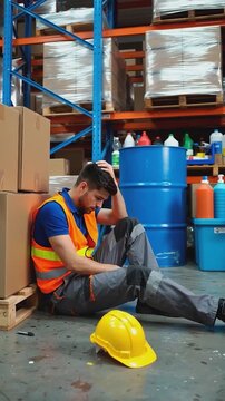 vertical. Tired warehouse worker in uniform and safety vest sitting on floor near cardboard boxes with hard hat on ground in industrial storage facility. Employee exhaustion and workplace stress conce