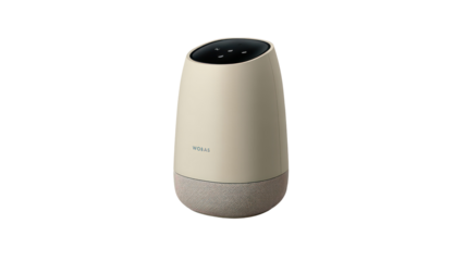 Wireless home speaker in soft neutral colors angled on white background