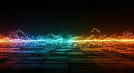 A vibrant, glowing digital soundwave visualization in blue and orange hues, pulsating over a dark, reflective tiled surface, creating an abstract technological landscape.