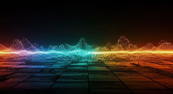 A vibrant, glowing digital soundwave visualization in blue and orange hues, pulsating over a dark, reflective tiled surface, creating an abstract technological landscape.