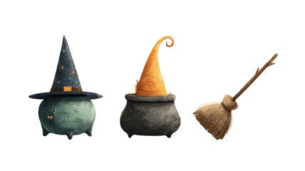 Witch hat, broomstick, and cauldron concept on white background