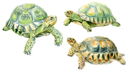 Fototapeta premium Colorful wise tortoise with many size, watercolor illustration on a white background in a realistic style. Template. Hand drawing. Close-up. Clip art