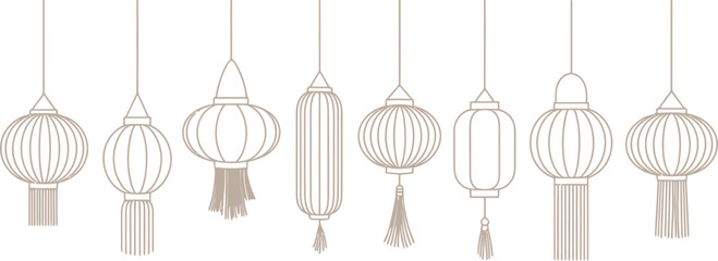 Lanterns Set Outline, Hanging Asian Lights, Festive Ornaments, Elegant Asian Design