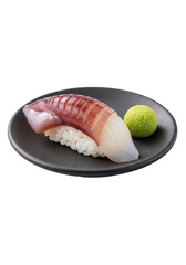 A single, perfect tako nigiri with deep purple skin and white meat, tiny green wasabi, meticulously presented on a dark grey plate against a transparent studio background, commercial food photography