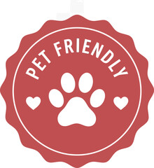 A red circular badge with a white paw print in the center and the words pet friendly around the top edge
