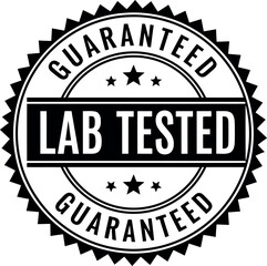 Black and white circular stamp with serrated edges indicating guaranteed lab tested quality assurance and product certification