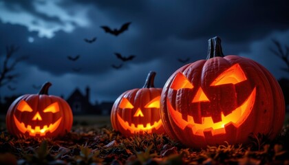 The image features three illuminated jack o lanterns prominently positioned in the foreground, Their bright, warm orange glow contrasts vividly against the dark, moody background