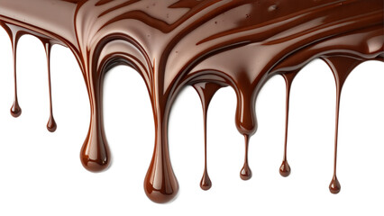 Close-up of melted dark chocolate dripping in various sizes and shapes against a pure white background.
