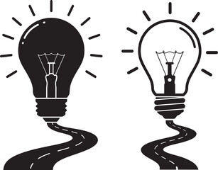Two lightbulbs with roads leading to ideas silhouette