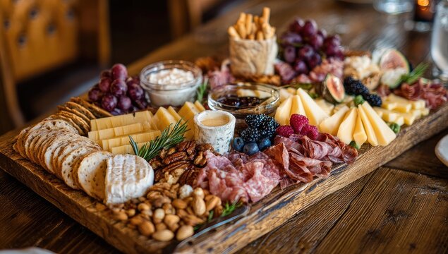 An assortment of cheeses, meats, fruits, and crackers arranged on a wooden platter