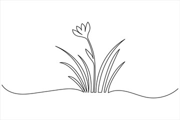 Continuous line meadow grass with floral element minimalist botanical vector illustration