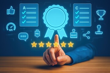 A hand points to a glowing, digital award and positive feedback icons, signifying achievement and recognition in a modern, technology-focused setting.