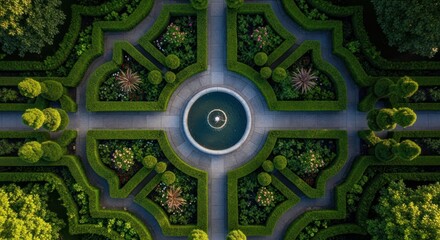 Aerial view of meticulously landscaped formal garden with hedges, pathways, and a central fountain