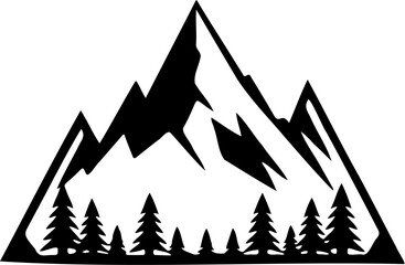 Obraz premium A minimalist black and white illustration of a mountain with sharp peaks, surrounded by pine trees at the base. Perfect for logos, outdoor branding, camping designs, and adventure-themed artwork.