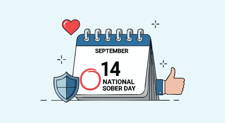 National Sober Day, September 14. Calendar with shield, heart, and thumbs-up.
