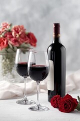 Two wine glasses filled with red wine, next to a bottle and roses