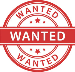 Classic red and white wanted poster circular stamp with distressed texture and stars symbolizing law enforcement and justice
