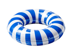 A blue and white striped inflatable swimming ring designed for poolside relaxation and summer water activities, providing buoyancy and fun for users.