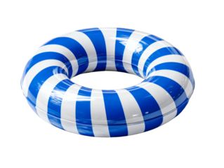 A blue and white striped inflatable swimming ring designed for poolside relaxation and summer water activities, providing buoyancy and fun for users.