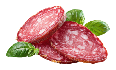Sliced salami with fresh basil food isolated on transparent background