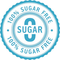 Circular blue stamp indicating 100 percent sugar free with a large zero and the word sugar in the center