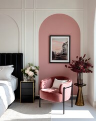 Modern bedroom with blush pink accent wall