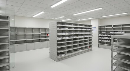 Modern, organized inventory storage shelves filled with supplies in a clean, bright, and spacious warehouse environment ready for efficient logistics and distribution operations
