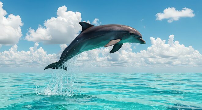 A dolphin leaps from the turquoise ocean water with a cloudy blue sky in the background view scene