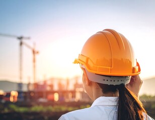 Woman engineer in safety helmet at construction site at sunrise