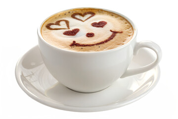 Obraz premium Smiling coffee cup with heart latte art A delightful morning treat featuring a cheerful face design on a warm cappuccino, perfect for a happy start to the day.