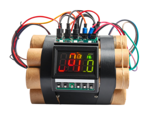 Electronic Time Bomb Training Prop with Circuit Board and Timer, Angled Perspective, Isolated