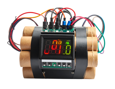 Electronic Time Bomb Training Prop with Circuit Board and Timer, Angled Perspective, Isolated
