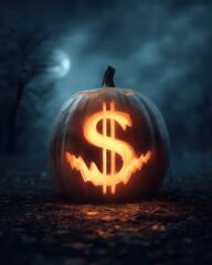Glowing Pumpkin with Dollar Sign Carving Surrounded by Spooky Night Atmosphere Featuring Full Moon and Dark Trees
