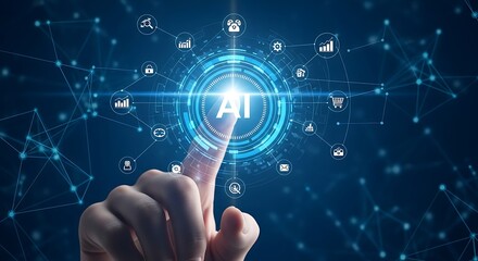 Human finger activating futuristic blue glowing digital interface with data streams and futuristic technology