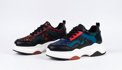 "Chunky platform sneakers, isolated on white background, trendy footwear"
