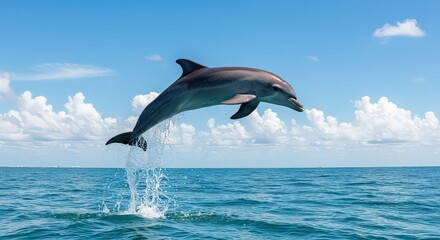Fototapeta premium A dolphin leaps from the ocean with blue sky and white clouds in the background on a sunny day scene