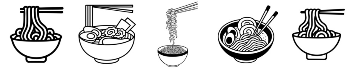 Japanese ramen noodles set with tonkotsu, shoyu, udon, soba, instant noodles, and soup bowls with egg, meat, vegetables, and chopsticks of traditional Asian cuisine