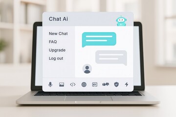 A modern laptop screen displays a user interface for a chat application, featuring light teal accents and various interactive elements.