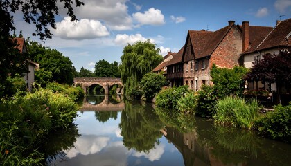 Obraz premium Picturesque river scene with a stone bridge and charming houses
