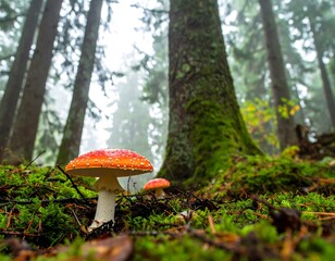 Red mushroom in a misty forest floor.