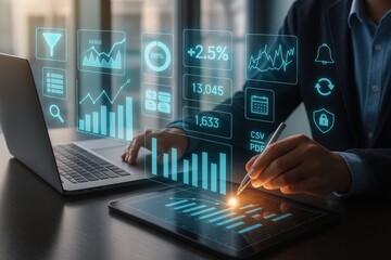 Fototapeta premium A person interacts with interactive data visualizations on a tablet and laptop, highlighting data analysis and modern business solutions.