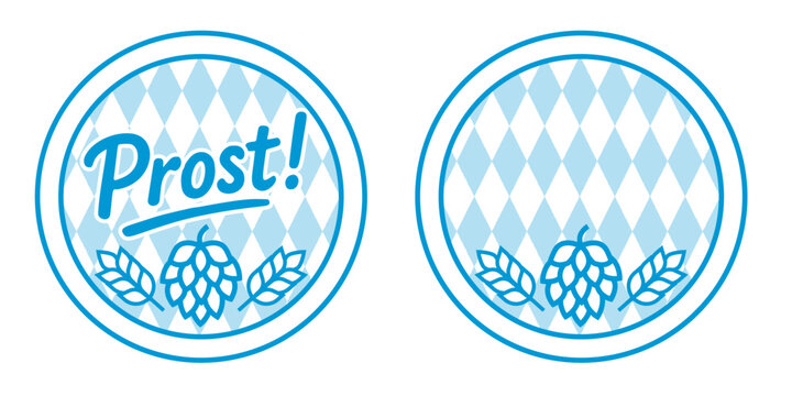 Oktoberfest beer coaster design with Bavarian diamond pattern hops emblem prost lettering and blank round badge template for brewery branding festival decor German Munich blue white check pattern
