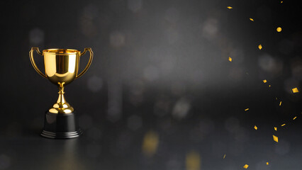 Golden trophy cup animation with falling confetti against a dark background. Concept of victory, success, and achievement. Champion's award, celebration concept with lots of copy space.