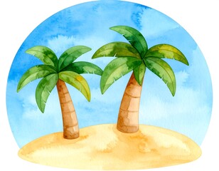 Obraz premium Watercolor illustration of two palm trees on a sandy island, vibrant colors against a light blue sky