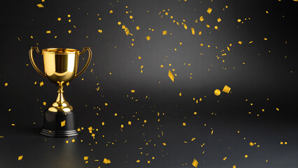 Golden trophy cup award for the winner on a dark black background with falling confetti. Concept of success, victory and celebration. Looped animation with ample copy space for text.