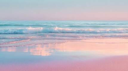 Serene pastel beach with pink waves, reflective shoreline for wellness brands, meditation apps, travel campaigns, mindful retreats, mental health

