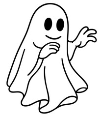 Ghost with friendly smile and raised hand cheerful companion spirit illustration