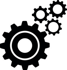 A cluster of interconnected black gears in various sizes symbolizing teamwork mechanics and industrial processes on a white background
